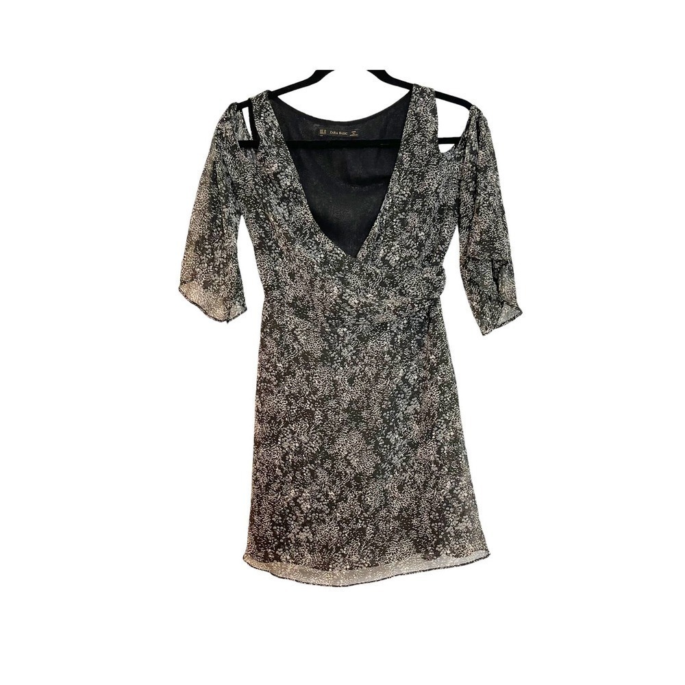 Zara Floral Print Cold Shoulder Mini Dress Long Sleeve Black/White Women's SZ XS